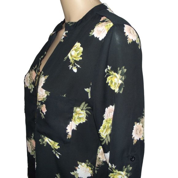 Rue21 Blouse Sz Medium black floral tunic zipper v-neck Pockets roll tab sleeve - Picture 6 of 11